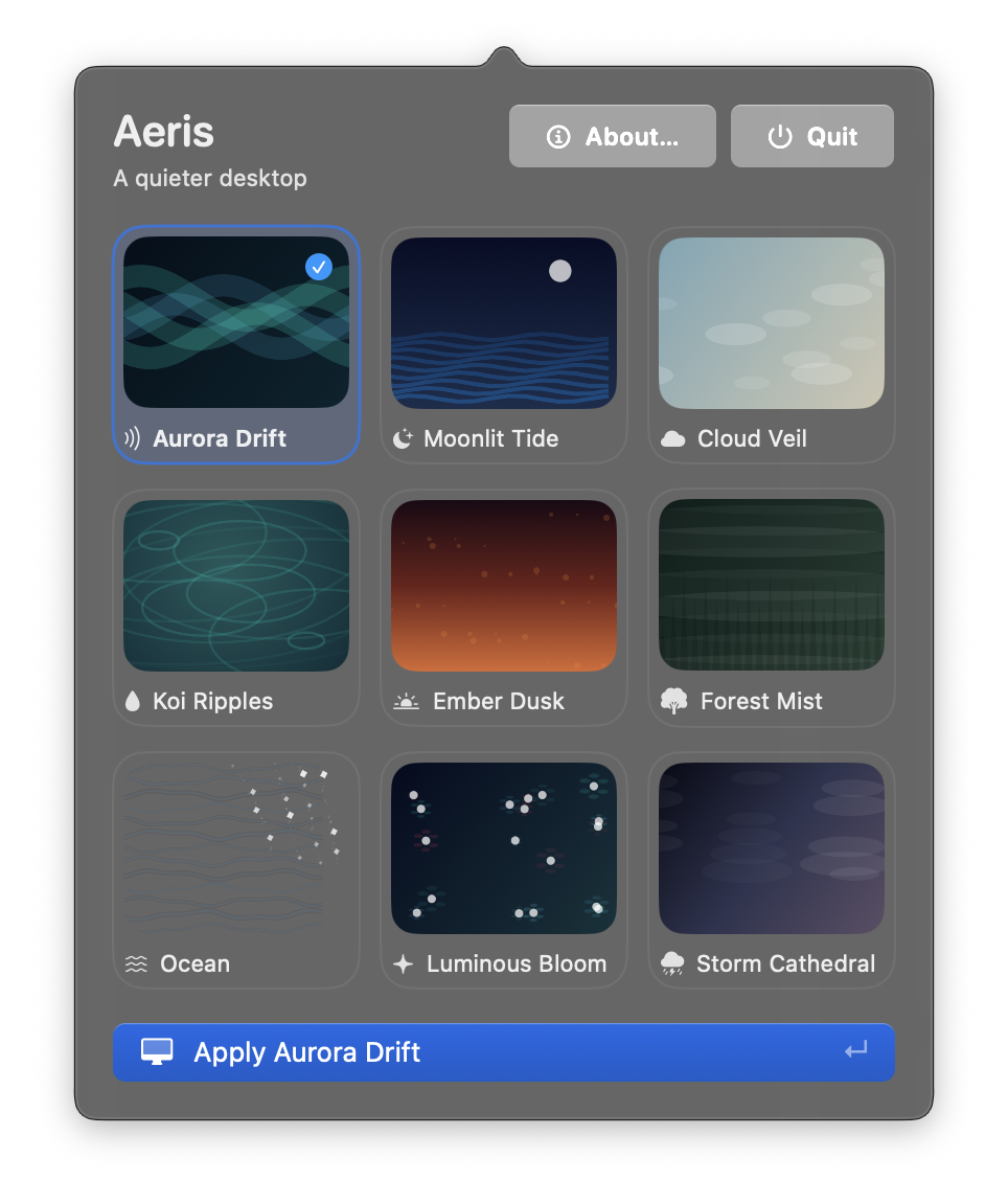 Aeris app showing a grid of soothing animated desktop backdrops