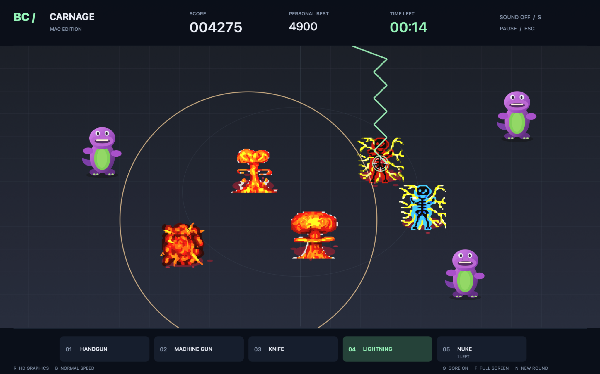 Barney Carnage gameplay with colourful enemies, arcade explosions and lightning effects