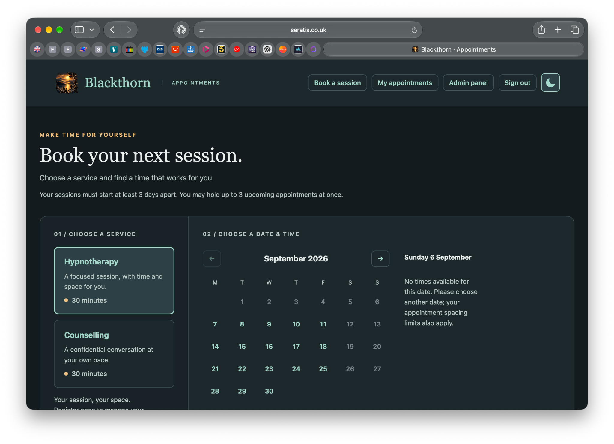Blackthorn appointment booking interface in dark mode