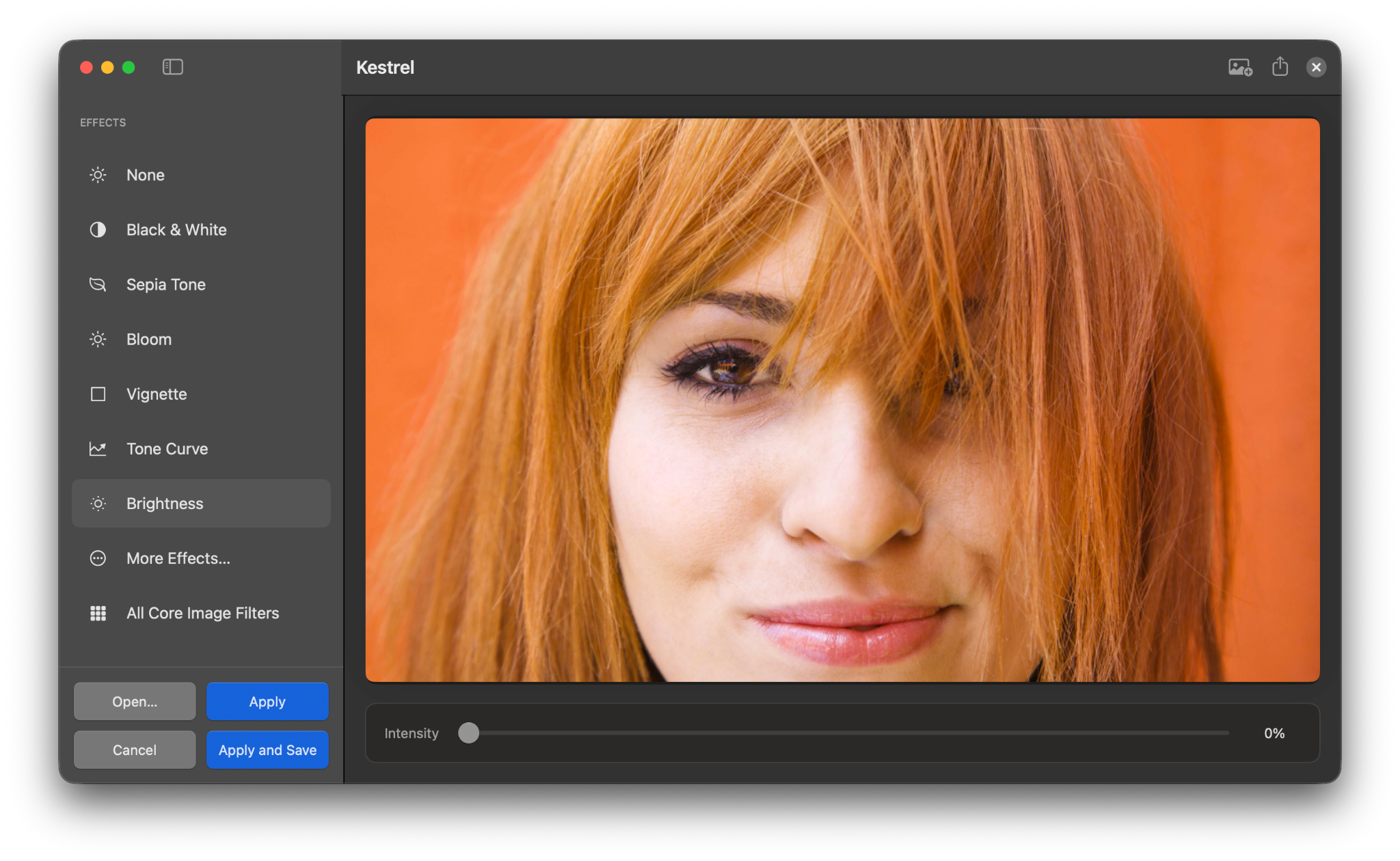 Kestrel photo manipulation tool in dark mode applying a Bloom filter