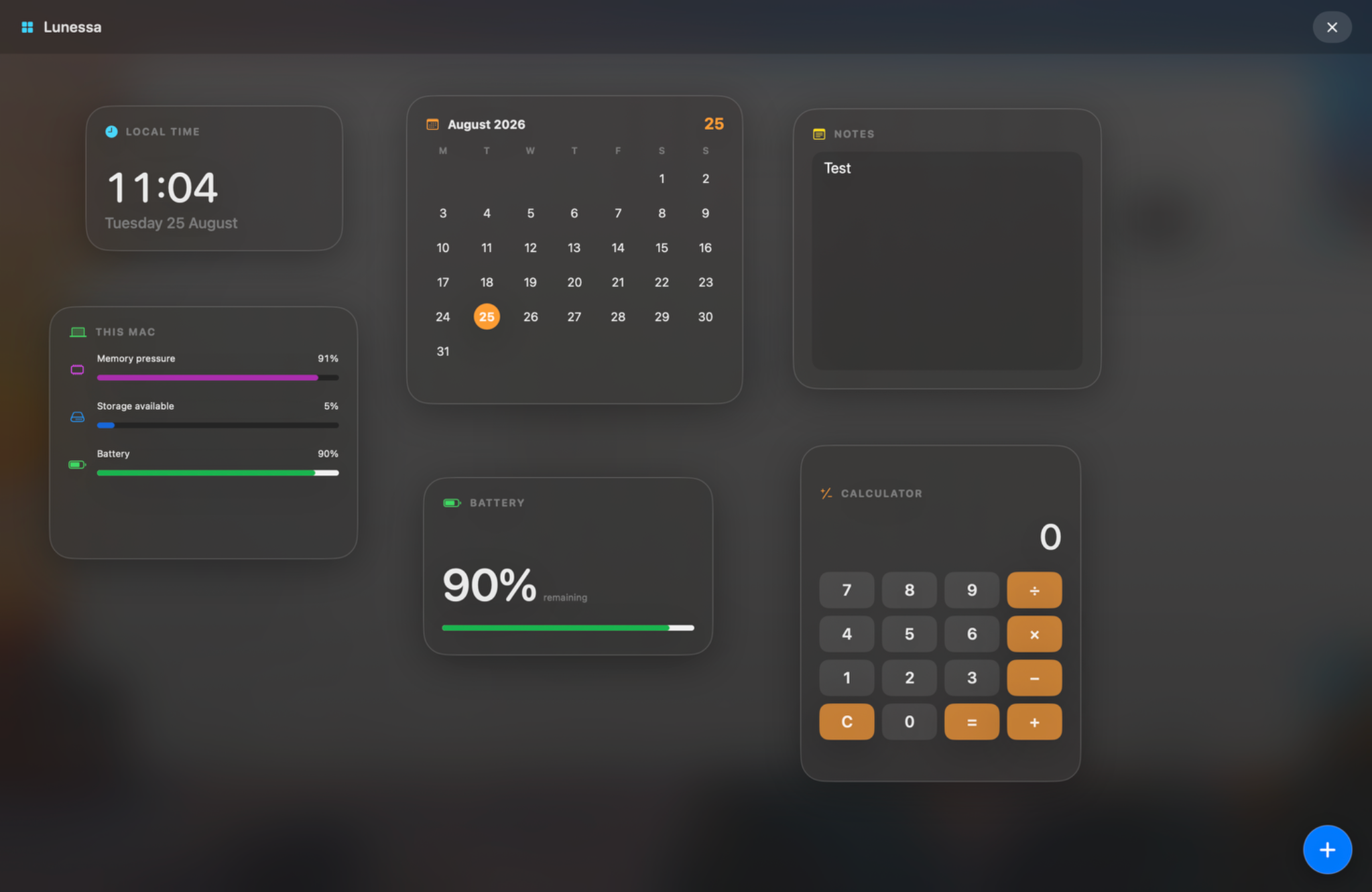 Lunessa widget engine showing time, calendar, notes, Mac status, battery and calculator widgets