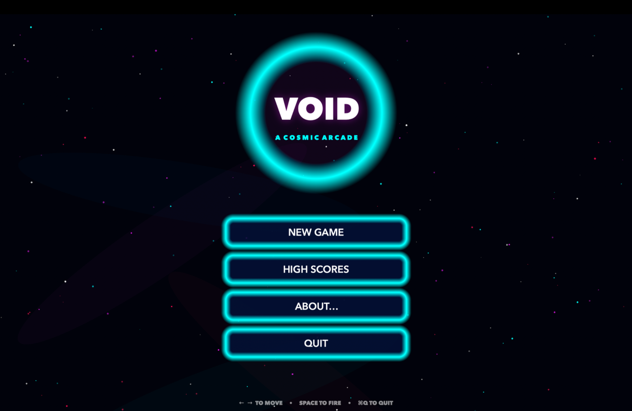 Void main menu, with a glowing cyan interface against a starfield